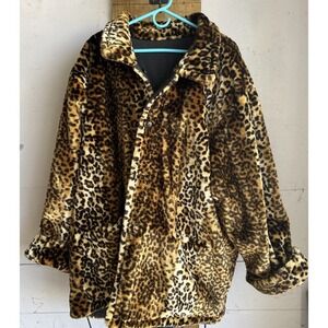 Vtg Y2K Reversible Leopard Faux Fur‎ & Denim Coat 2-3XL Oversized Heavy Mobwife
